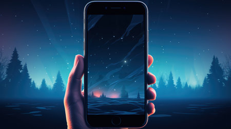 Smartphone in hand against night sky with stars.の素材