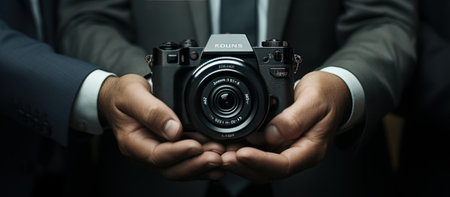 Cropped image of businessman holding camera in hands. Focus on cameraの素材