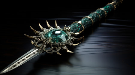 Medieval saber blade with green emerald on black background.の素材