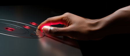 Man's hand pressing the button on the control panel on a black backgroundの素材