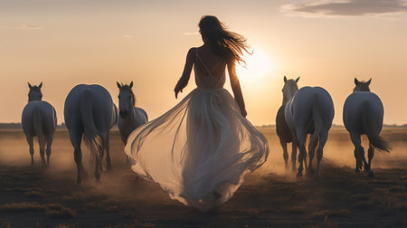Beautiful girl in a white wedding dress on a background of horsesの素材