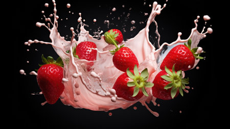 Strawberry with milk splash isolated on black background.の素材