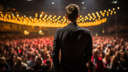 Young businessman speaking into a microphone in front of a crowd of peopleの素材