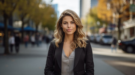Closeup portrait of beautiful young business woman with curly hair outdoors.の素材