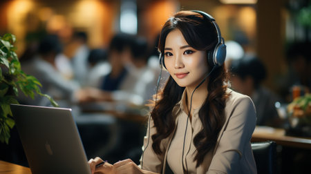 Portrait of customer support phone operator with headset in officeの素材
