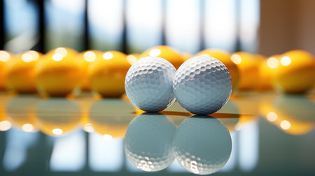 Golf ball on the table in front of a blurry background.の素材