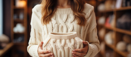 cropped view of pregnant woman in sweater holding hands on belly in storeの素材