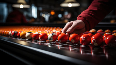 Billiard balls on billiard table in a pub or club.の素材