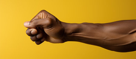 cropped view of african american man showing fist isolated on yellowの素材