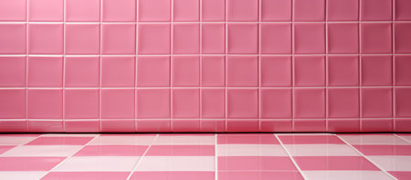 Pink ceramic vase with flowers on white shelf against pink tile wallの素材