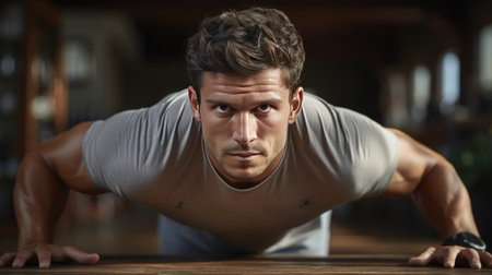 Young man doing push-ups on the floor in the living roomの素材