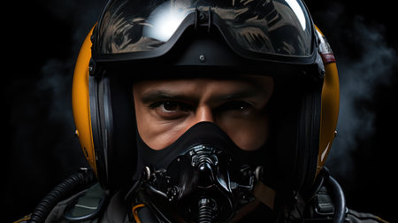 Portrait of a male pilot in a helmet and gas mask.の素材