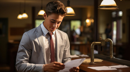 Young man reading menu in restaurant.の素材