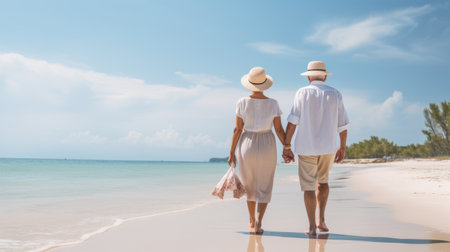 Back view of happy family walking on tropical beach with blue sky backgroundの素材