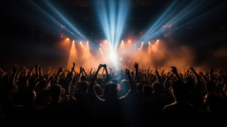Silhouette of male hand in front of concert stage lights.の素材