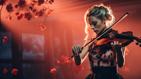 Beautiful girl playing the violin in a dark room with red flowersの素材