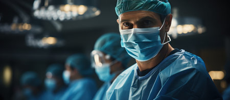 Portrait of surgeon at work in operating room. Group of surgeons in operating room.の素材