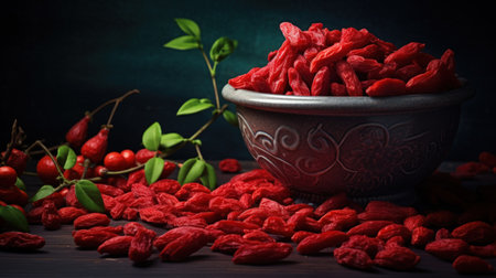 Red hot chili peppers in a wooden bowl on a black background.の素材