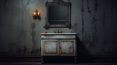 Vintage washbasin with mirror on the wall in dark roomの素材