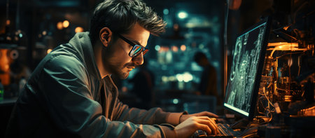 Portrait of young man in eyeglasses using computer in workshopの素材