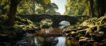 Stone bridge over the river in the park with green trees and bushesの素材