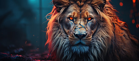 Portrait of a lion in a dark forest.の素材
