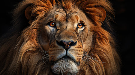 Portrait of a lion on a black background in the studio.の素材