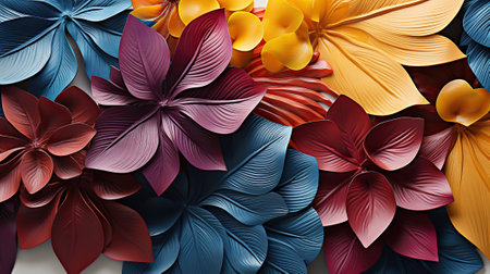 Creative layout made of colorful tropical leaves on white background.の素材