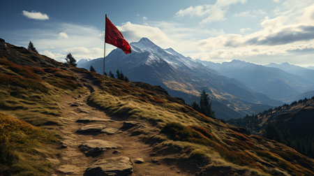 Mountain peak with red flag in the foreground.の素材