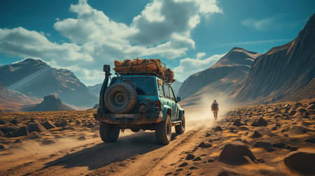 Traveler in the desert with an old carの素材