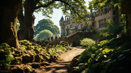 Fairy tale castle in fantasy world. Fairy tale castle on the hill. View of a beautiful castle in the middle of a green forest.の素材