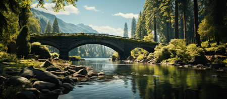 Bridge over the misty lake in the morning,の素材