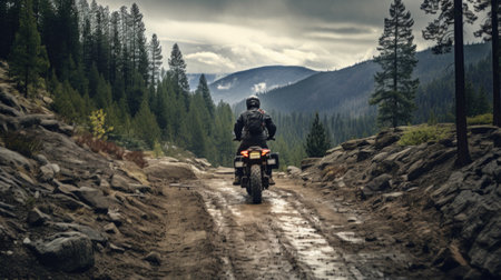 Motorcyclist riding on a dirt road in the Carpathiansの素材