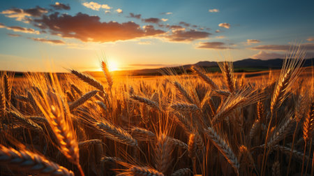 Wheat field at sunset. Beautiful Nature Sunset Landscape. Rural Scenery under Shining Sunlight.の素材