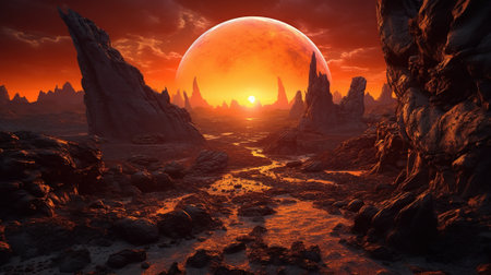 Fantasy alien planet. Mountain and lake.の素材