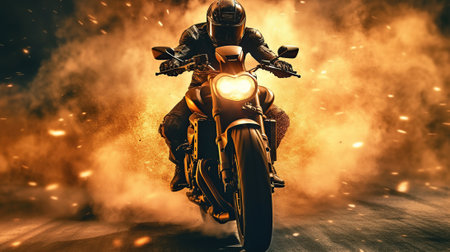 Motorcycle rider riding on the road in heavy smoke. Sport bike.の素材