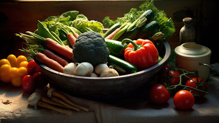 Vegetables in a bowl on a wooden table. Selective focus.の素材