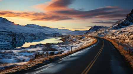 Beautiful winter landscape in Iceland. Road to the lake. Long exposure.の素材