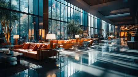 Interior of a hotel lobby with orange armchairs and tables.の素材