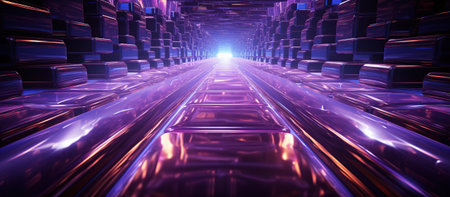 Futuristic corridor with glowing lights and reflectionsの素材