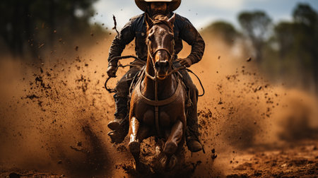 Rider riding a horse in the dust on a dirt track.の素材