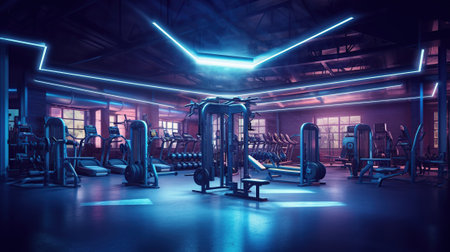 Interior of a fitness hall in neon light.の素材