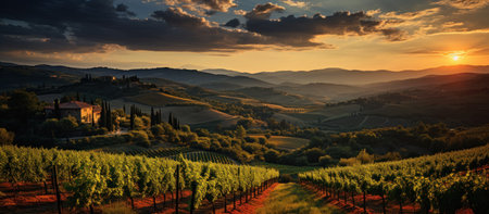 Sunset in Tuscany, Italy. Panoramic view of vineyards in Tuscany.の素材