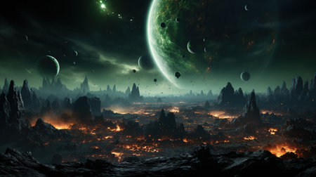 Fantasy landscape with green planet.の素材