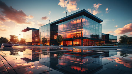 Modern office building with reflection in water at sunsetの素材