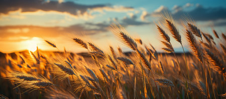 Sunset over wheat field. Beautiful summer landscape. Rural scene.の素材
