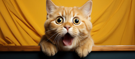 Portrait of a yawning ginger cat with wide open mouth on orange backgroundの素材
