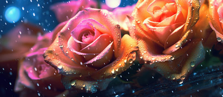 Beautiful roses with drops of water on a dark blue background.の素材
