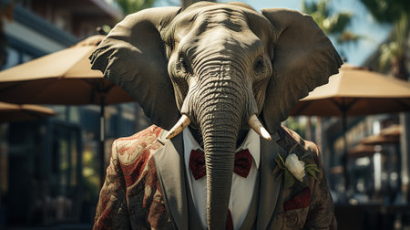 Elephant in a suit and bow tie on the streetsの素材