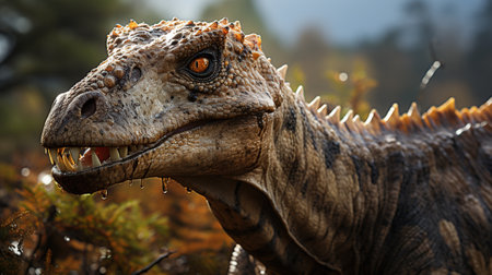 Close up of the head of a dinosaur in a fieldの素材